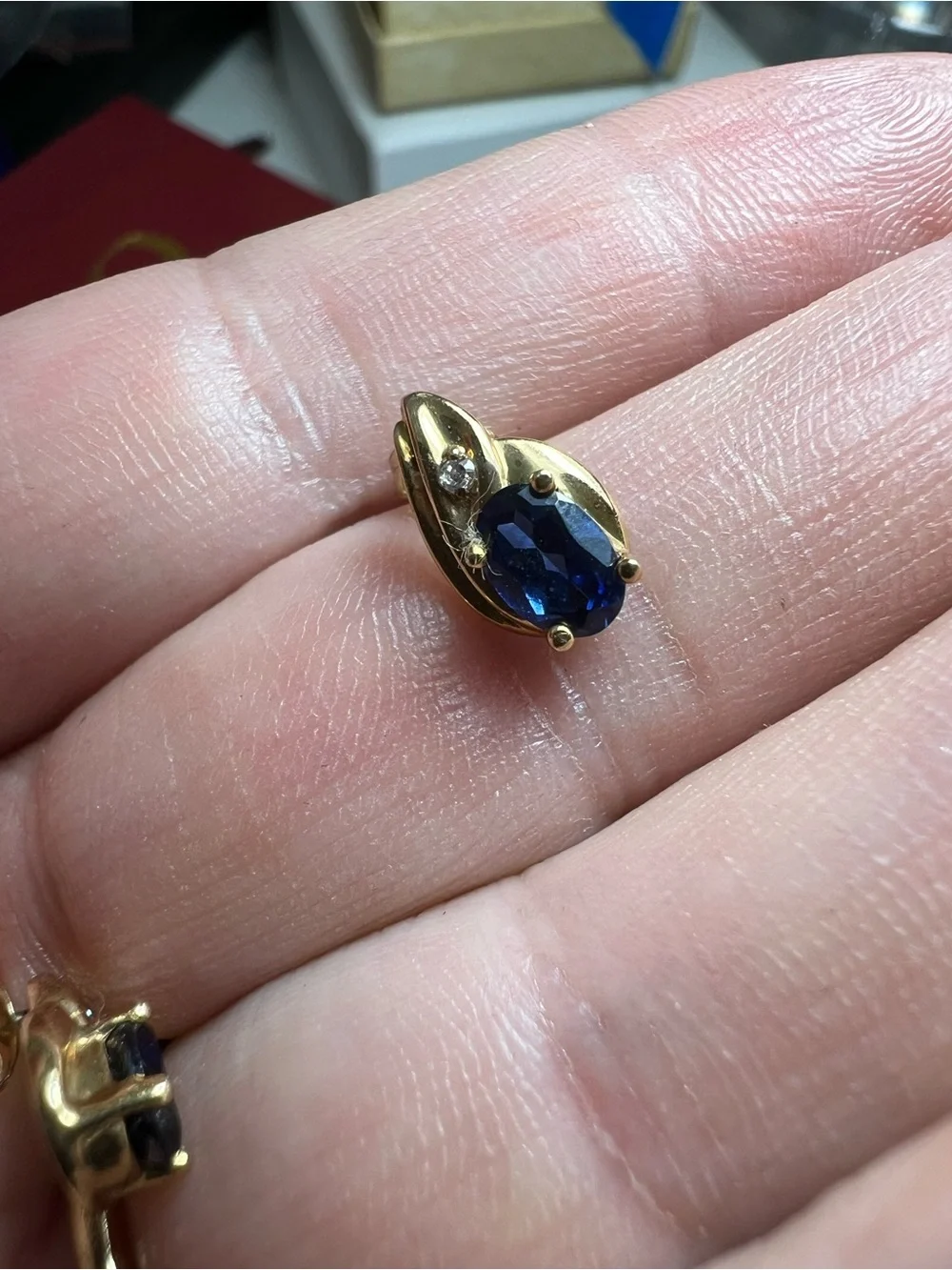 10K Gold Blue Sapphire Oval Stud Earrings with CZ Accent